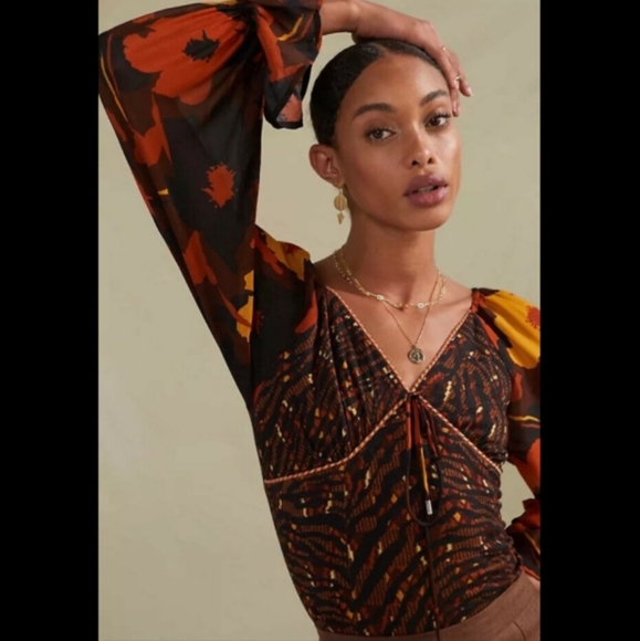 Anthropologie Tops - Anthropologie Conditions Apply Zeena Puff Sleeve Blouse Brown Motif Women's XL